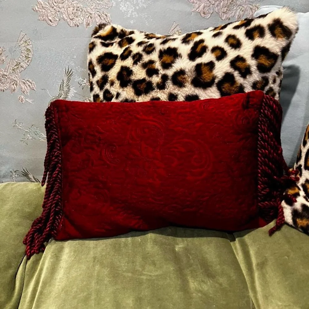 Vintage burgundy Embossed fringe Decorative Throw Pillow with Tassels